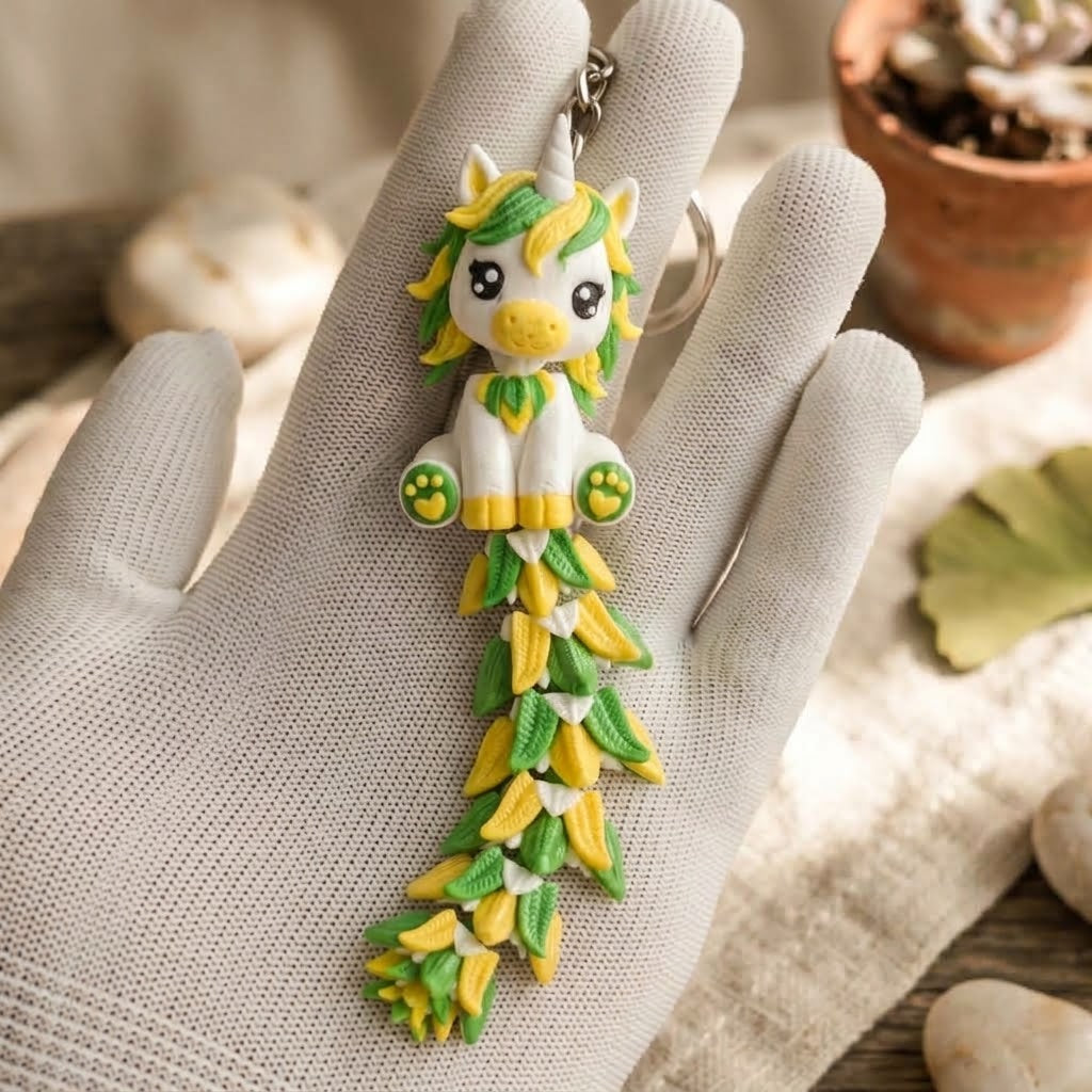 Porte-clé licorne articulée vert et jaune avec queue Fluffy