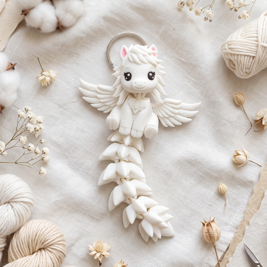 Porte-clé Pégase blanc articulé Fluffy Tails avec ailes et longue queue plumeuse