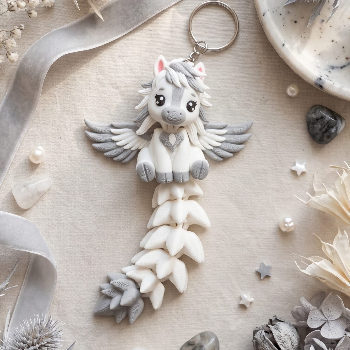 Porte-clé Pégase blanc et gris articulé kawaii avec ailes et longue queue Fluffy Tails