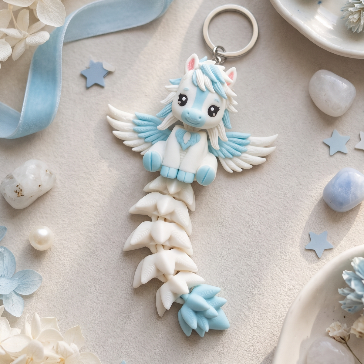 Porte-clé Pégase bleu pastel et blanc kawaii articulé Fluffy Tails Epoxy Kawaii