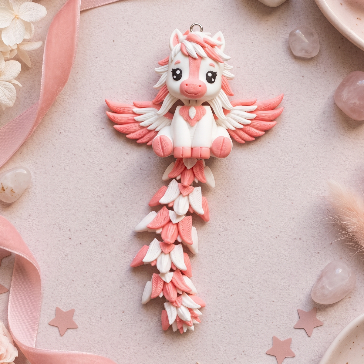 Porte-clé Pégase rose et blanc articulé kawaii Fluffy Tails avec ailes