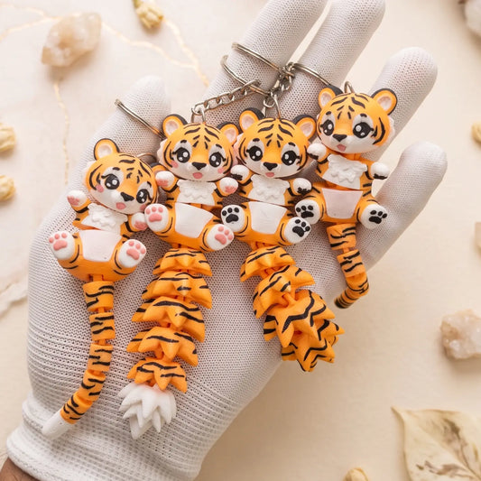 Collection de porte-clés bébé tigres articulés 3D, queues classique et Fluffy