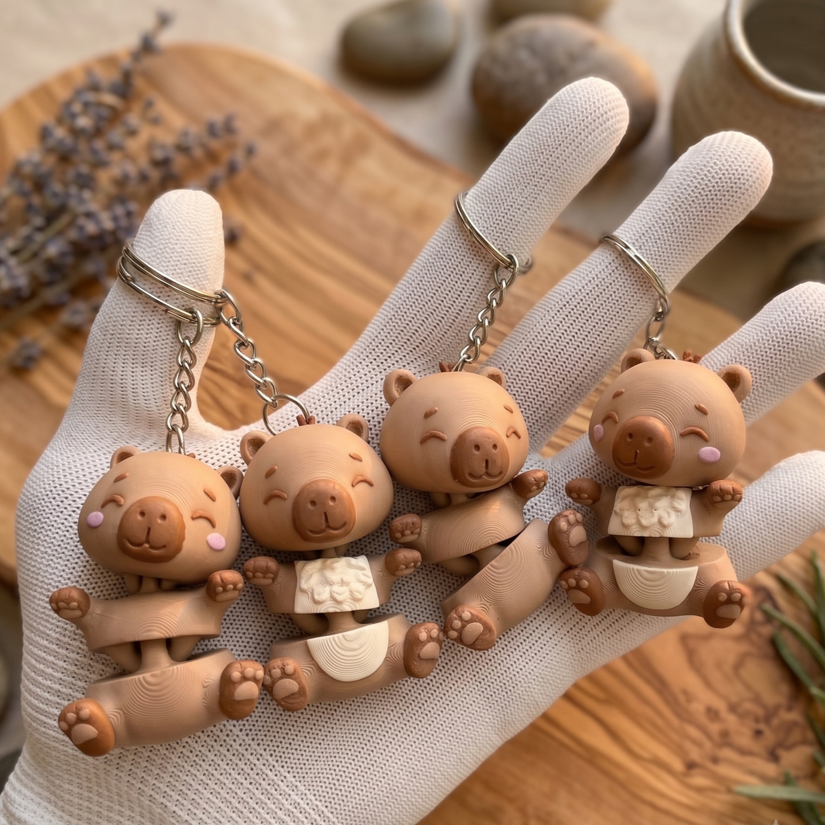 Quatre porte-clés capybaras articulés kawaii avec différents ventres et nez