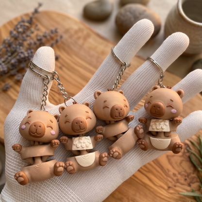 Quatre porte-clés capybaras articulés kawaii avec différents ventres et nez