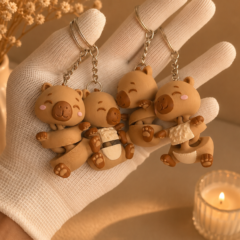 Collection de quatre porte-clés capybaras kawaii aux joues roses