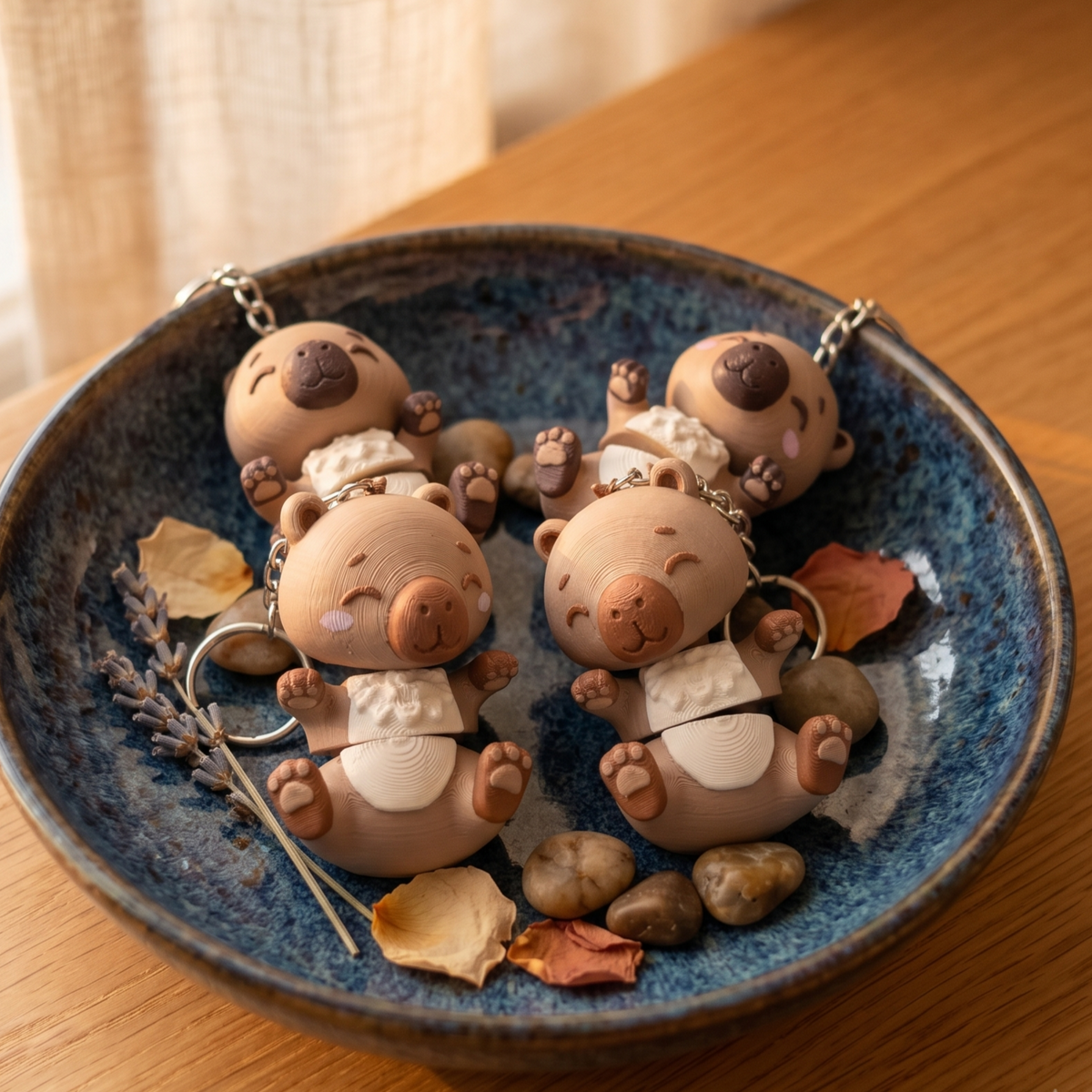Porte-clés capybaras articulés présentés dans une coupelle avec décoration d’automne