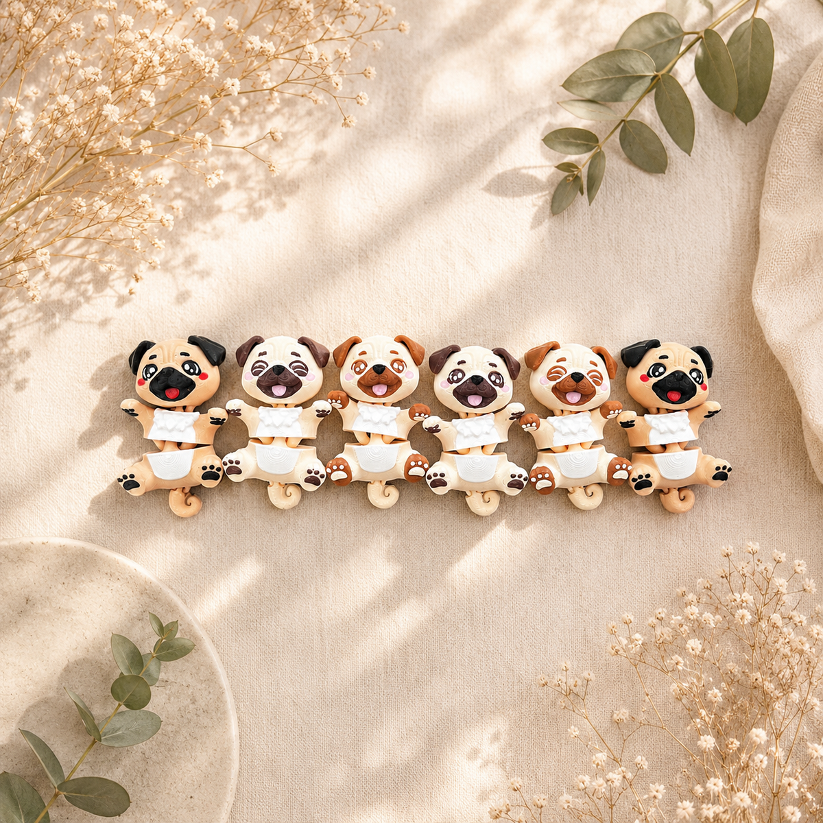 Six modèles de porte-clés carlins articulés kawaii avec différents masques et expressions