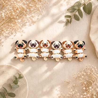 Six modèles de porte-clés carlins articulés kawaii avec différents masques et expressions