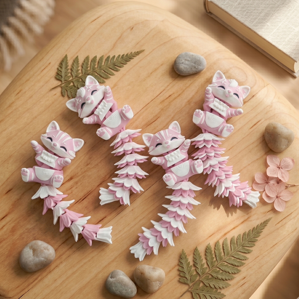 Quatre porte-clés chats articulés kawaii roses et blancs avec différentes queues Fluffy