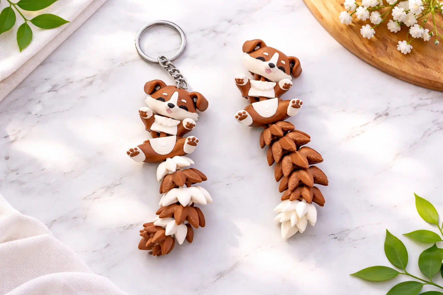 Porte-clés chien articulé Flexi marron et crème imprimé en 3D