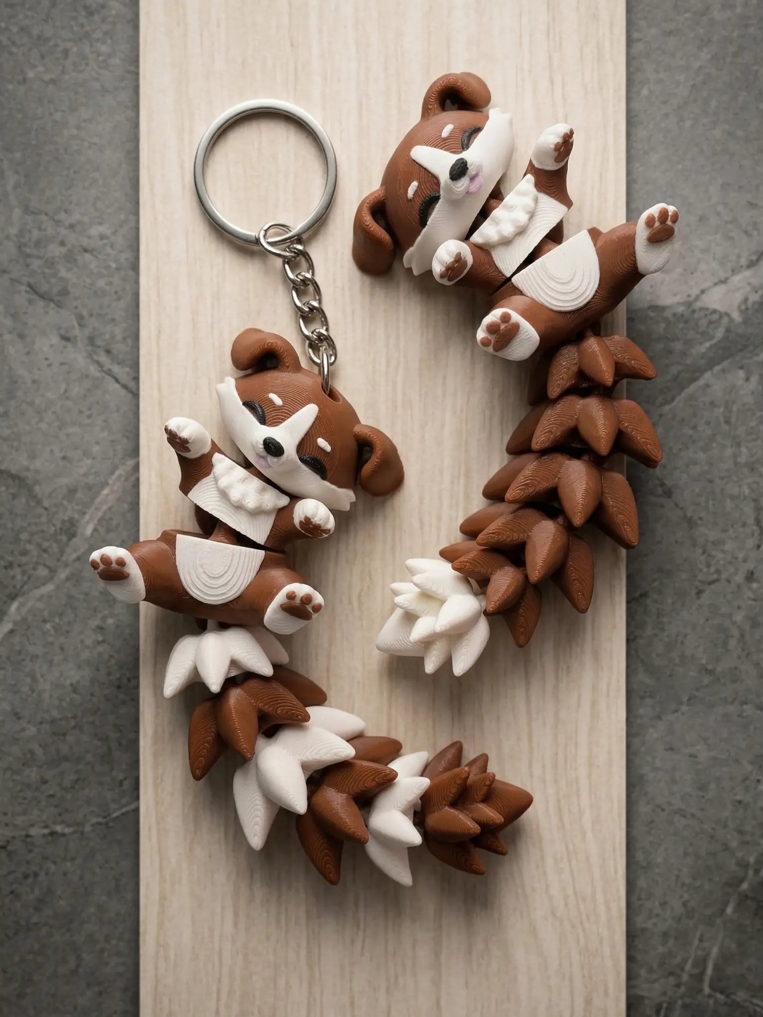 Porte-clés chien kawaii marron et crème présenté sur un fond en bois