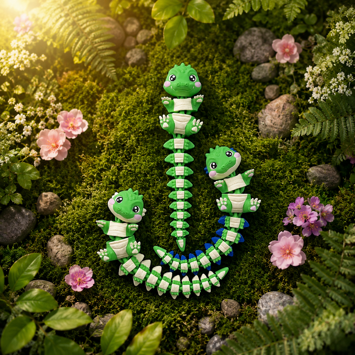 Porte-clés bébés crocodiles articulés dans un décor végétal fleuri