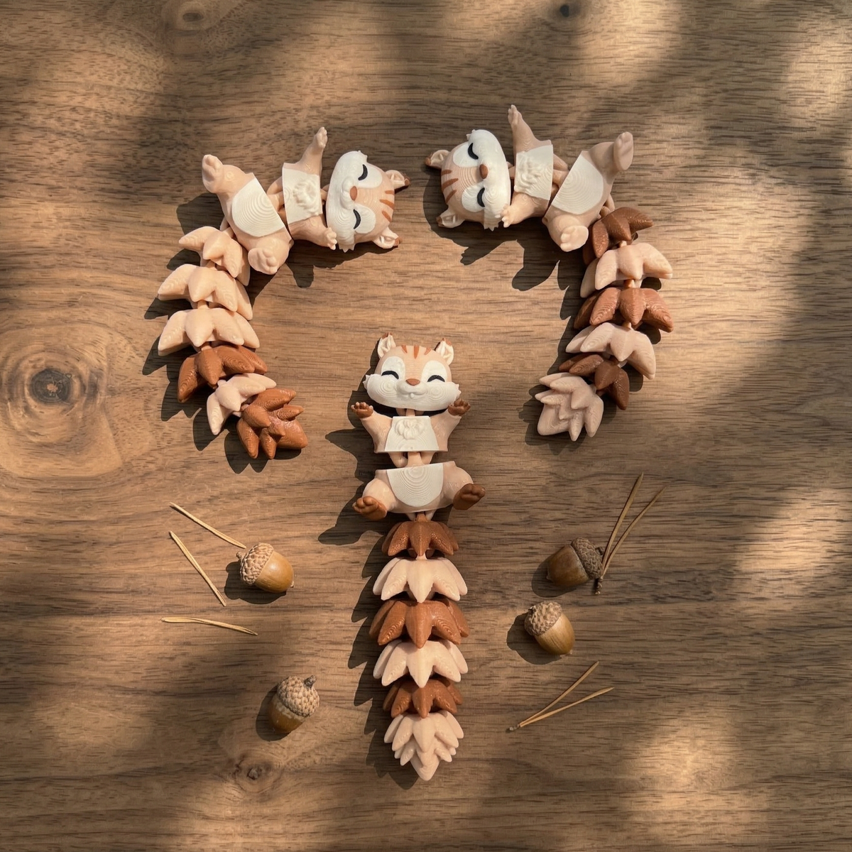 Porte-clés écureuil articulé kawaii avec longue queue touffue sur fond en bois