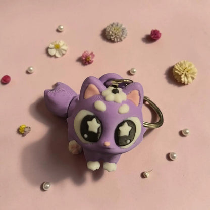 Porte-clés kawaii chat violet avec fleurs
