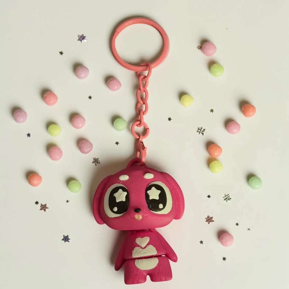 Porte-clés kawaii chien rose imprimé en 3D