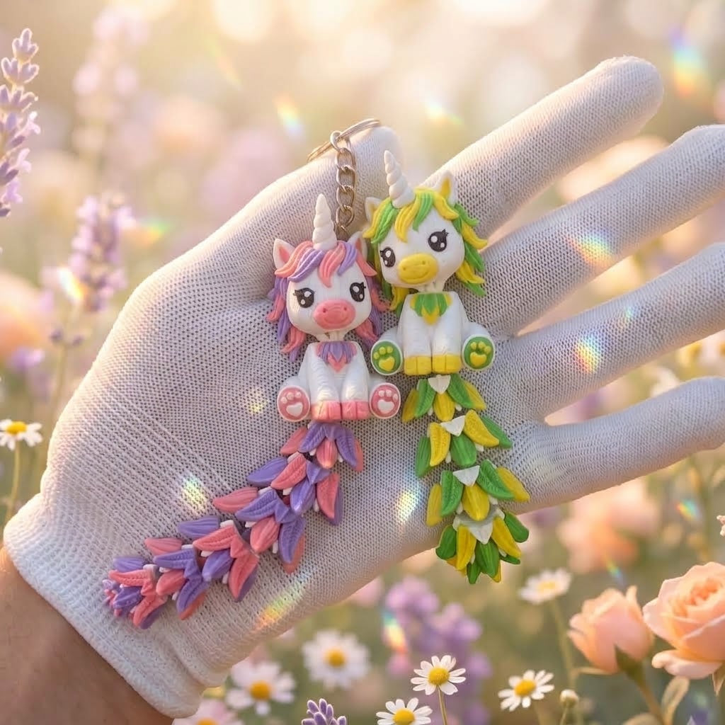 Porte-clés licorne rose et verte avec corps flexible et chaînette métallique