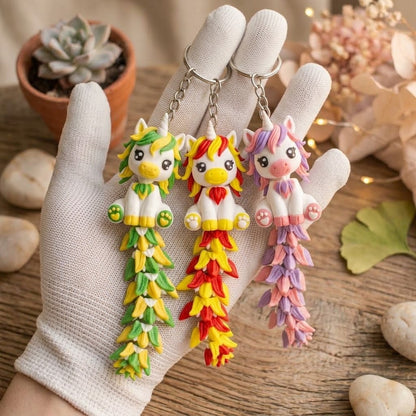 Collection de trois porte-clés licornes kawaii avec chaînettes métalliques