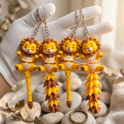 Quatre porte-clés lions articulés kawaii jaunes, avec queues classique et feuillue