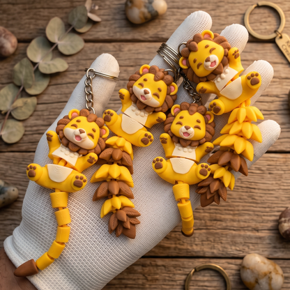 Quatre lions kawaii articulés avec deux styles de queue, présentés dans une main