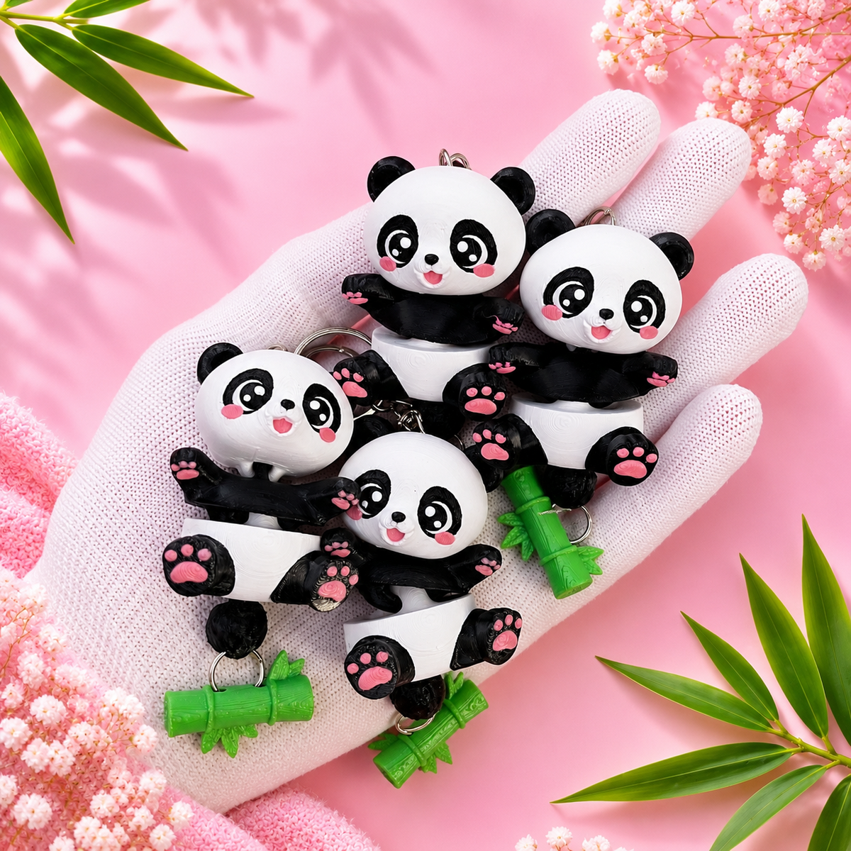 Porte-clés pandas articulés kawaii noirs et blancs avec bambou vert et chaînette métallique