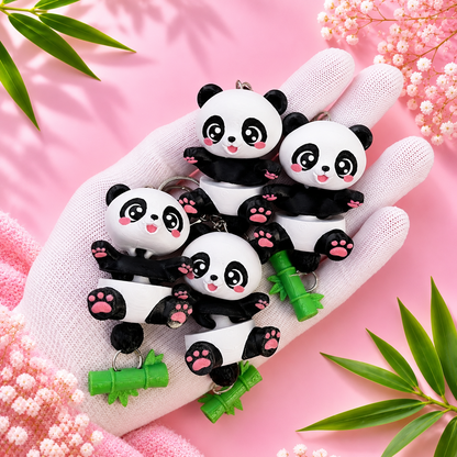 Porte-clés pandas articulés kawaii noirs et blancs avec bambou vert et chaînette métallique