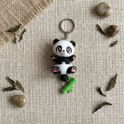 Porte-clés panda articulé avec queue Fluffy bambou détachable et chaînette métallique
