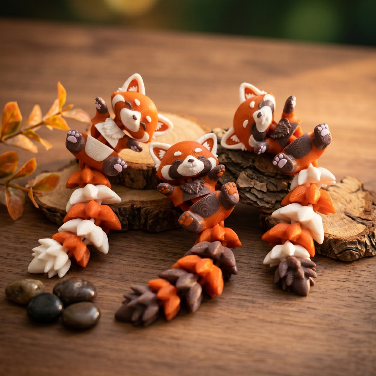 Trois porte-clés pandas roux articulés kawaii avec différentes couleurs de ventre et de queue