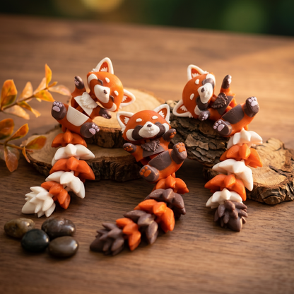 Trois porte-clés pandas roux articulés kawaii avec différentes couleurs de ventre et de queue