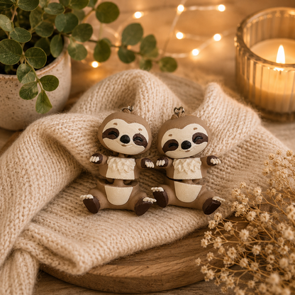 Deux paresseux articulés kawaii avec chaînettes métalliques dans une décoration chaleureuse