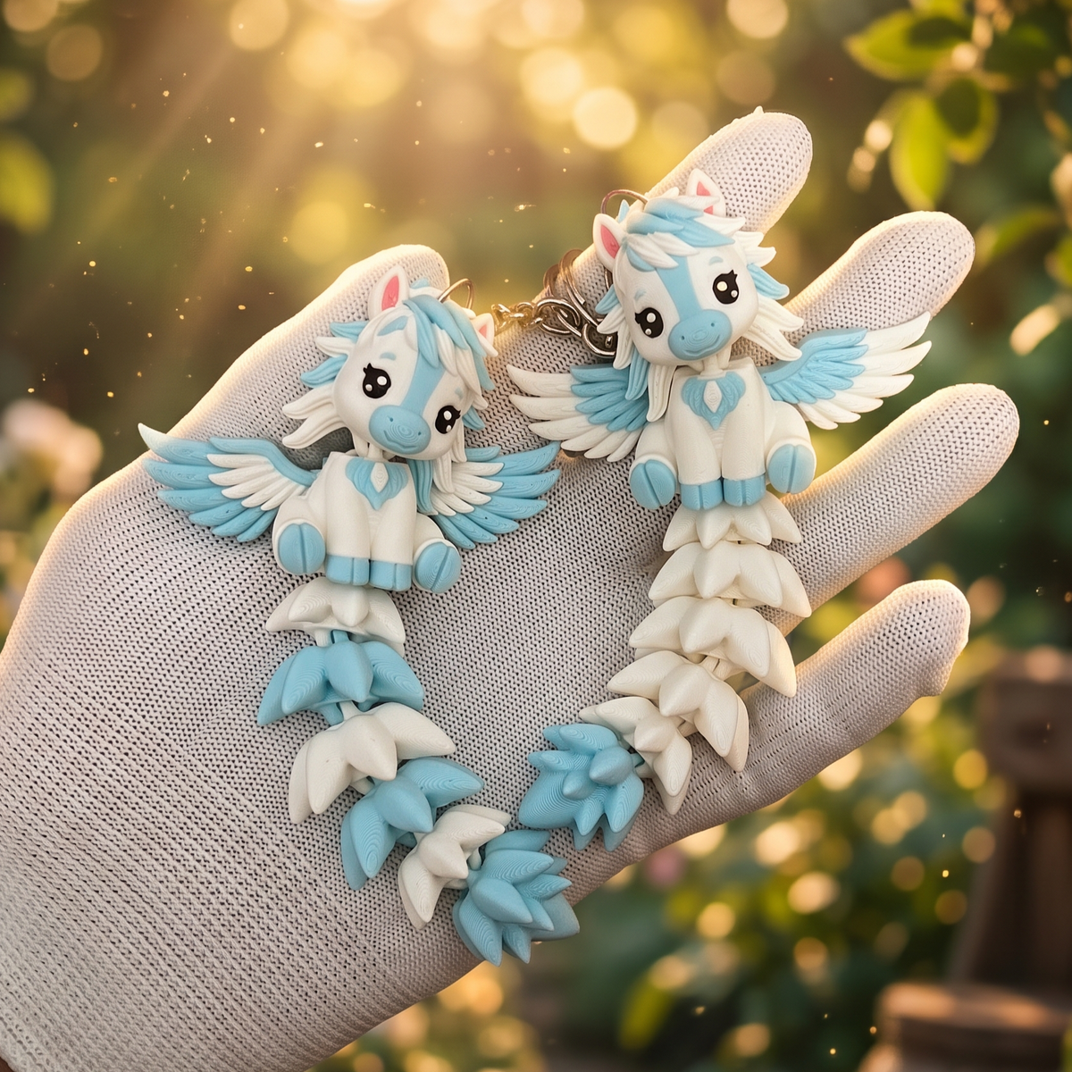 Deux porte-clés Pégase bleu et blanc articulés Fluffy Tails présentés dans une main