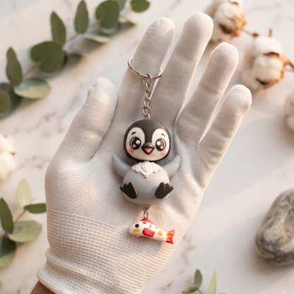 Porte-clés pingouin gris kawaii avec poisson corail suspendu, présenté dans une main