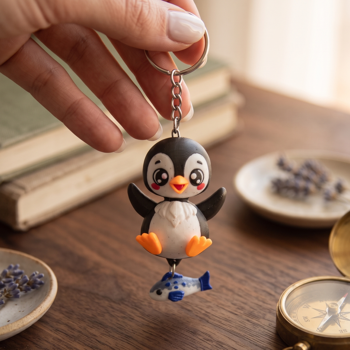 Porte-clés pingouin noir kawaii avec poisson bleu suspendu, tenu à la main