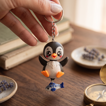 Porte-clés pingouin noir kawaii avec poisson bleu suspendu, tenu à la main