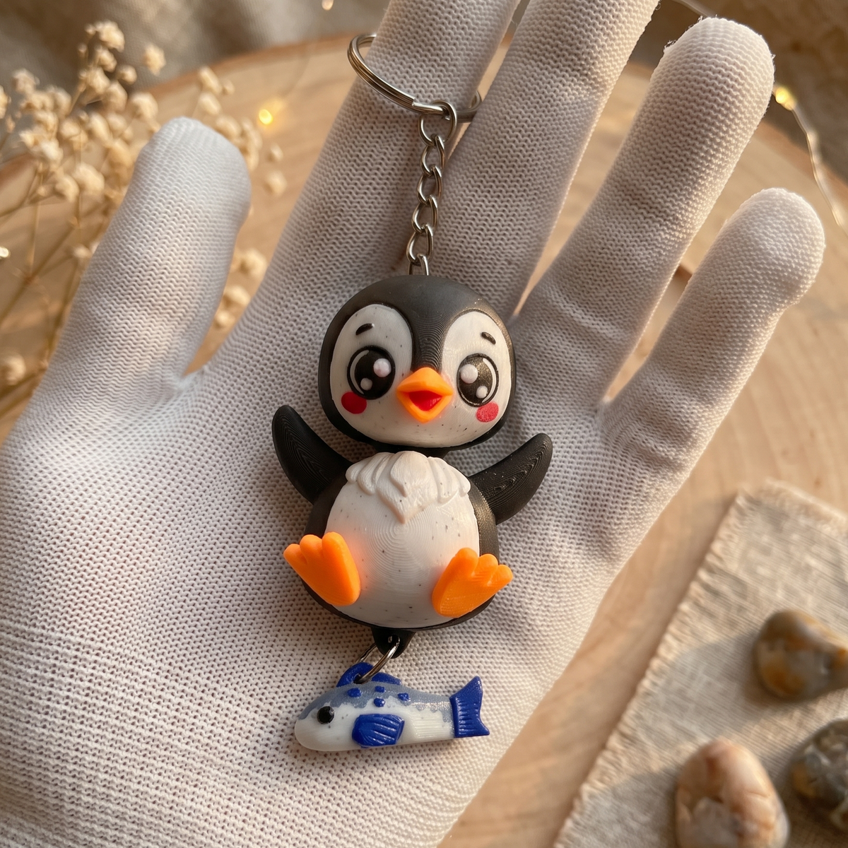 Porte-clés pingouin noir kawaii avec bec et pattes orange et poisson bleu suspendu