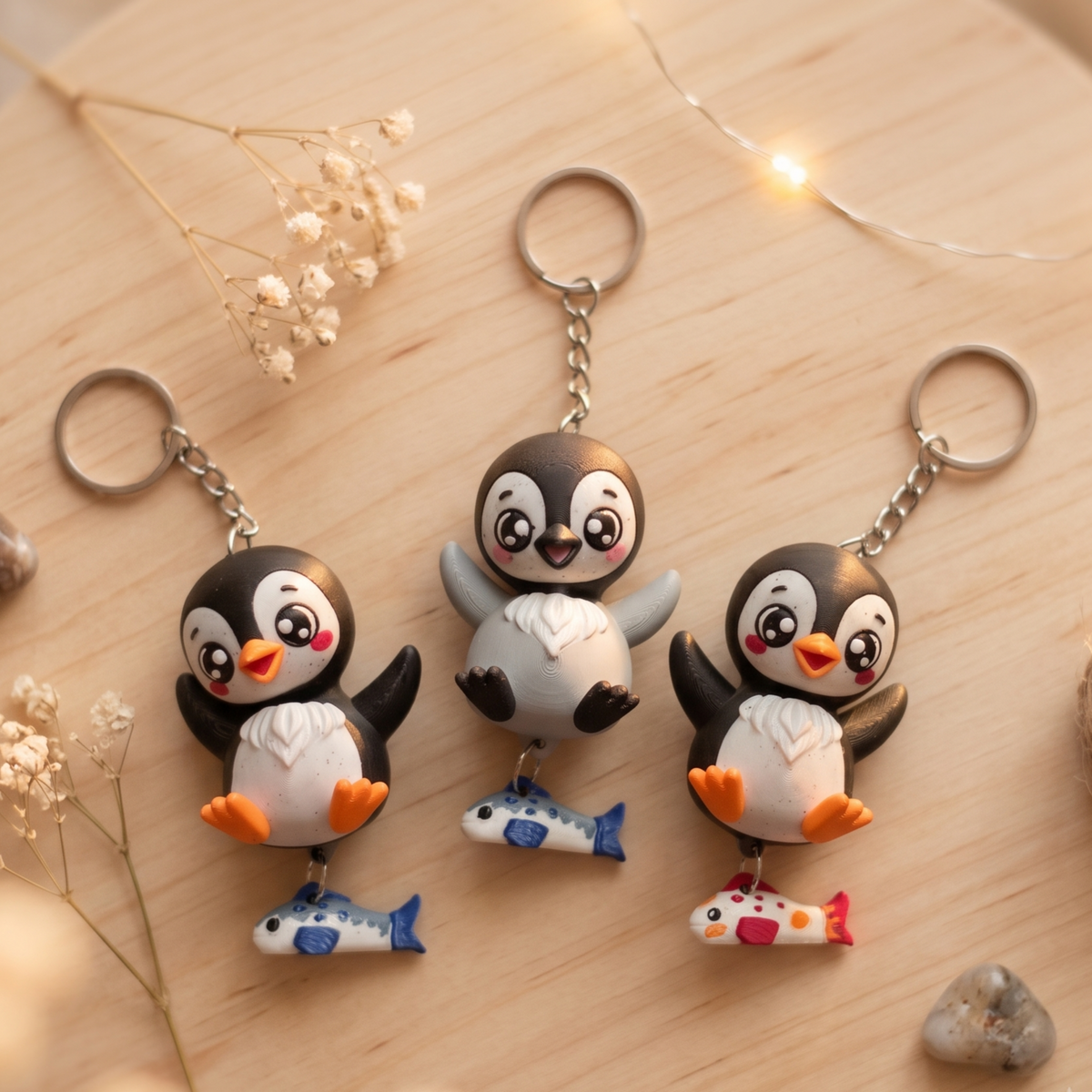 Porte-clés pingouins 3D noir et gris avec poissons bleu et corail sur fond en bois clair