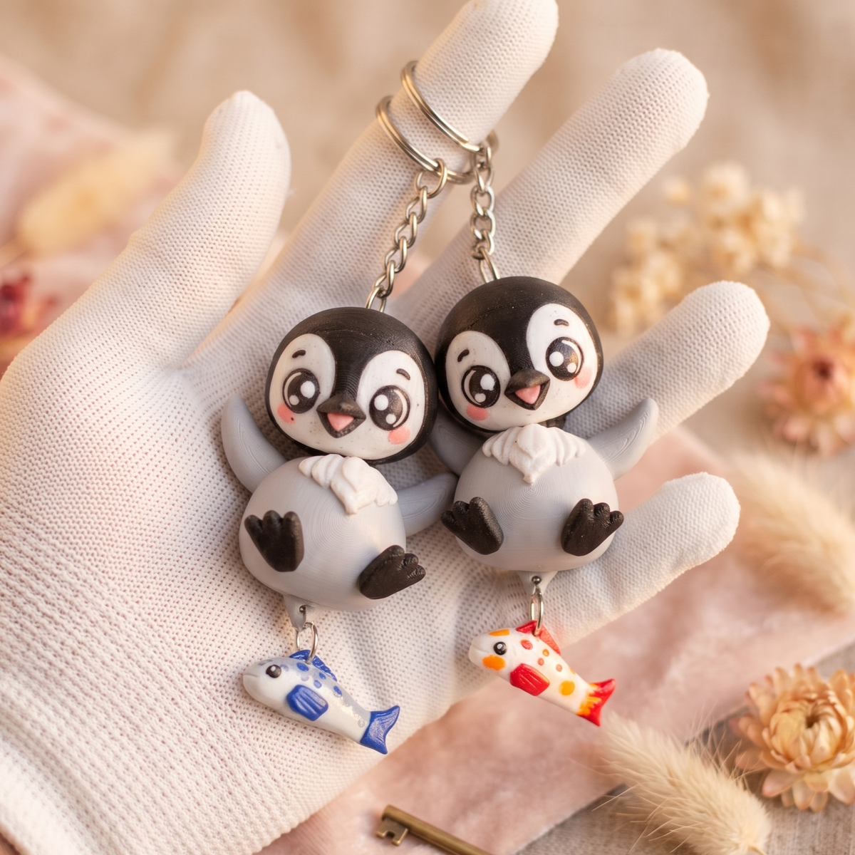 Deux porte-clés pingouins gris kawaii avec poisson bleu ou corail suspendu