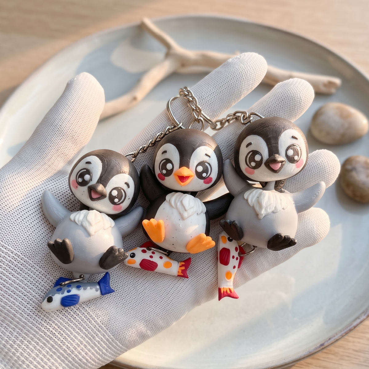 Porte-clés pingouins kawaii imprimés en 3D, quatre modèles noir et gris avec poissons bleu et corail