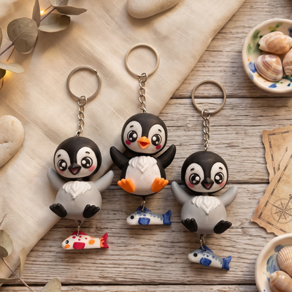 Trois porte-clés pingouins kawaii noirs et gris posés avec leurs poissons suspendus