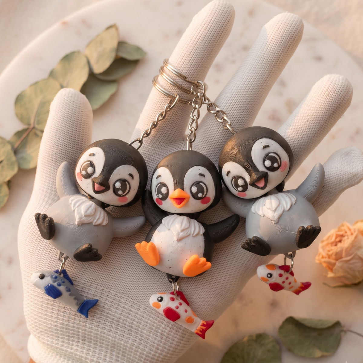 Trois porte-clés pingouins kawaii en impression 3D avec poissons bleu et corail