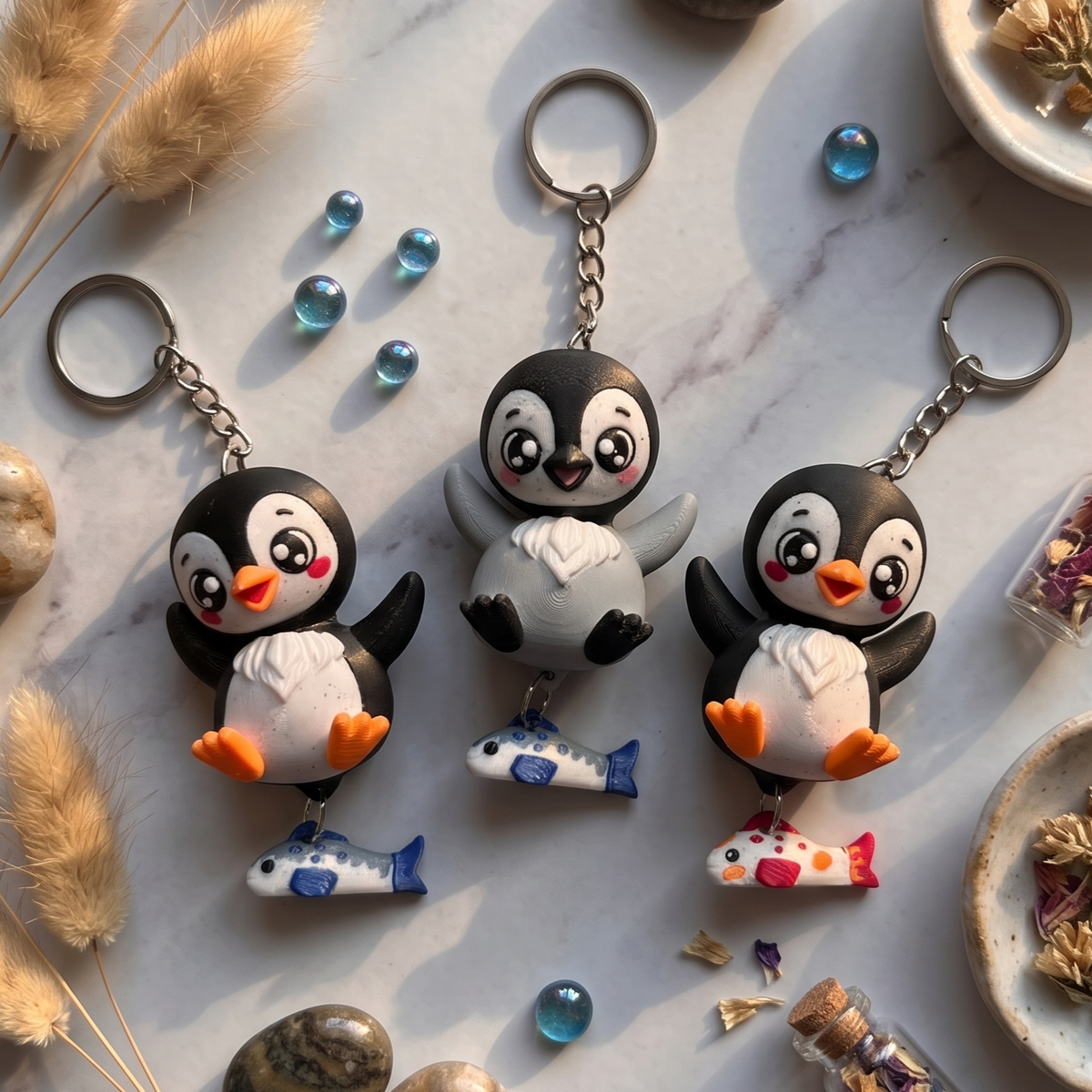Trois porte-clés pingouins en impression 3D, modèles noir et gris avec poissons colorés