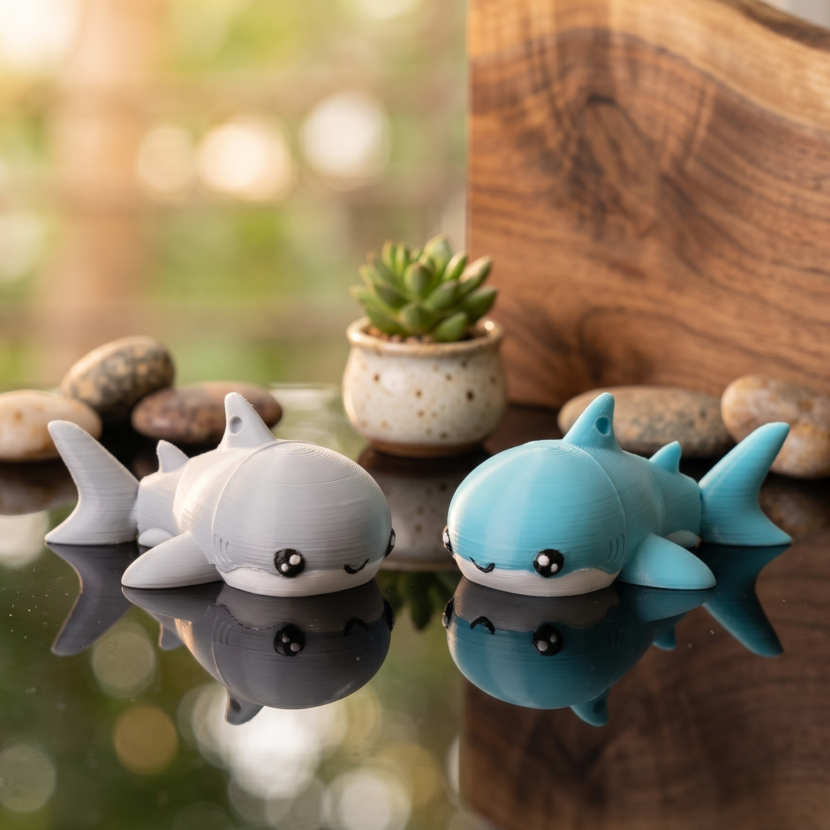 Deux porte-clés requins 3D bleu et gris avec ailerons et queue articulée
