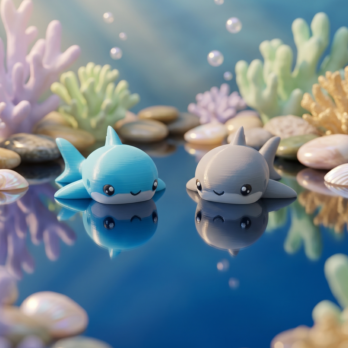 Porte-clés requins articulés bleu lagon et gris dans un décor de coraux pastel