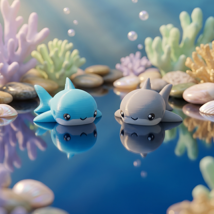Porte-clés requins articulés bleu lagon et gris dans un décor de coraux pastel