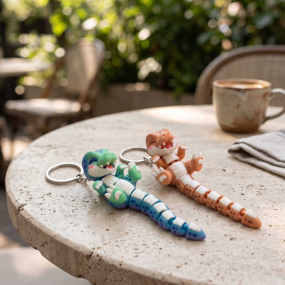 Porte-clés T-Rex articulés kawaii Fluffy Tails marron et turquoise Epoxy Kawaii