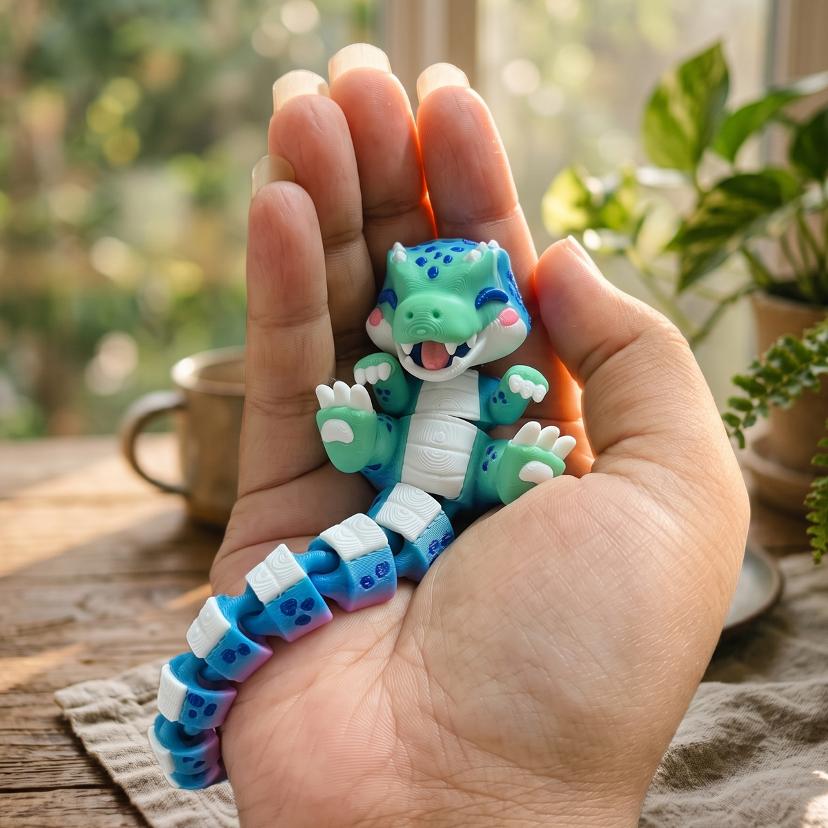 Deux porte-clés dinosaures T-Rex flexi articulés marron et turquoise imprimés en 3D