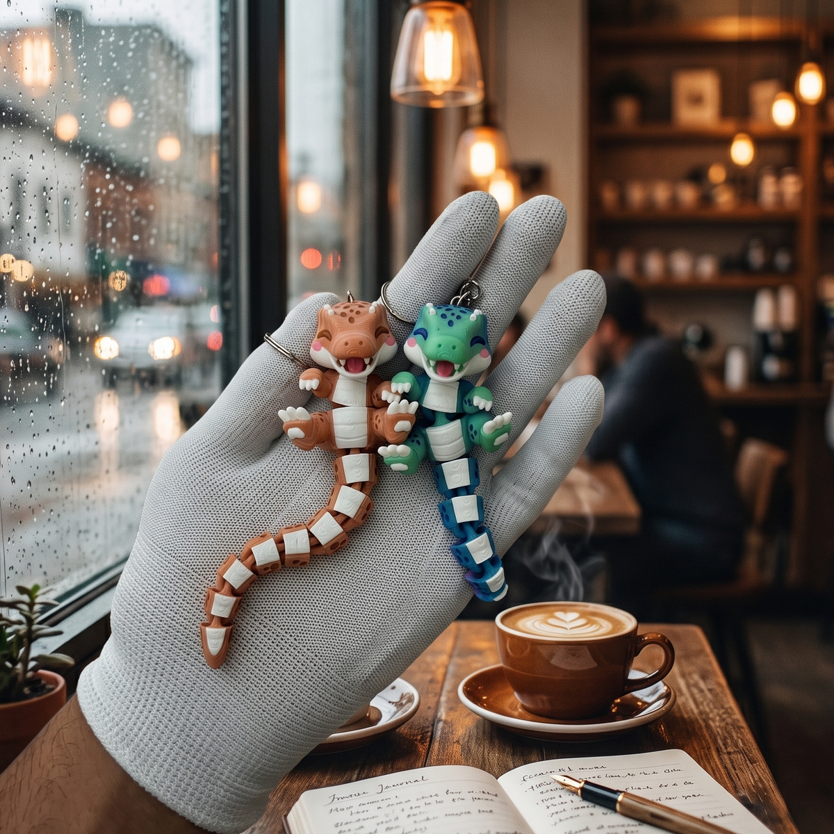 Porte-clés T-Rex articulés kawaii Fluffy Tails en situation au café