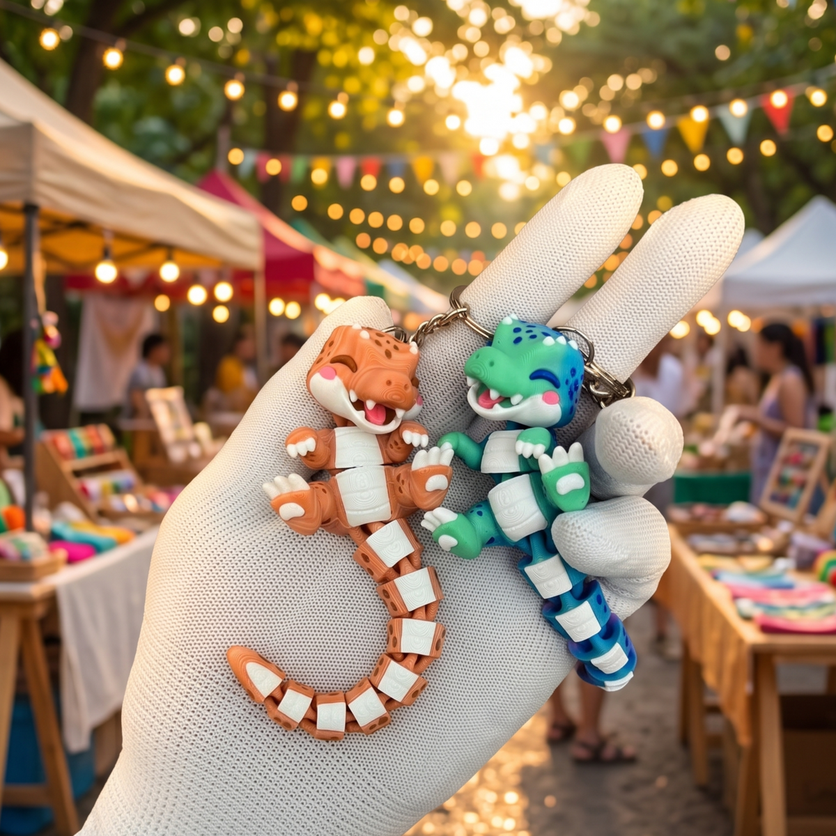 Porte-clés T-Rex articulés kawaii Fluffy Tails présentés sur un marché de créateurs