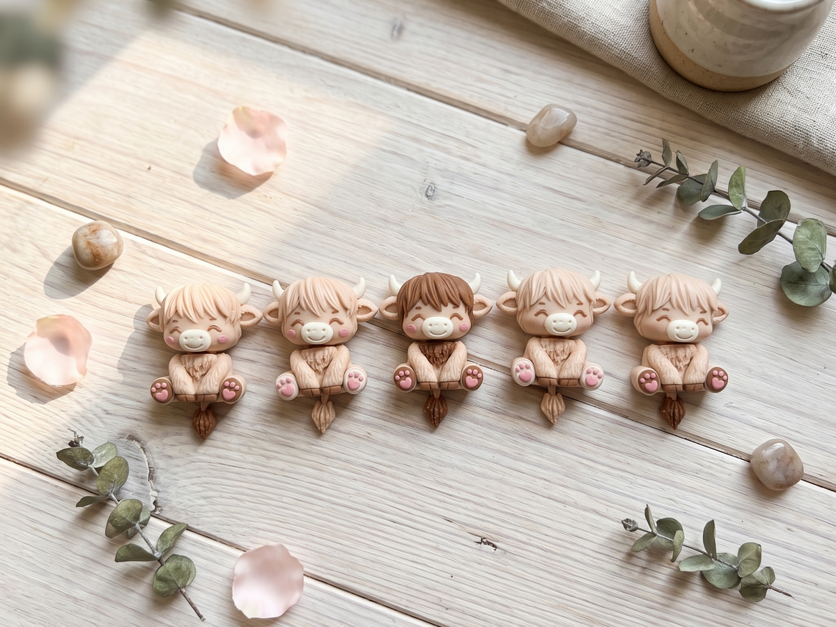 Six modèles de porte-clés bébés vaches Highland articulés dans des teintes naturelles