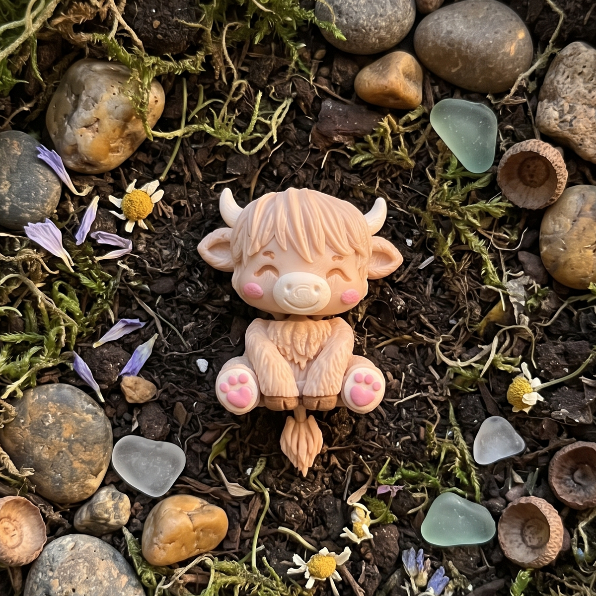 Porte-clés vache Highland articulée crème présenté dans un décor forestier