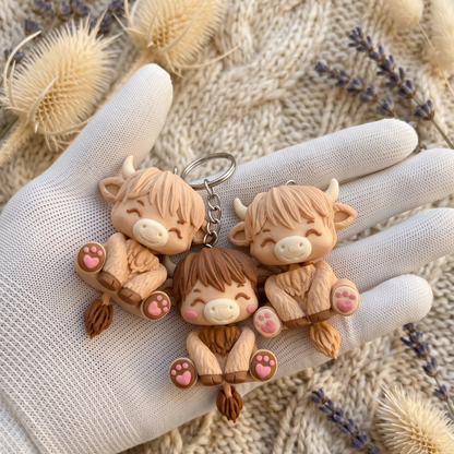 Trois porte-clés vaches Highland kawaii avec chaînettes métalliques dans une main